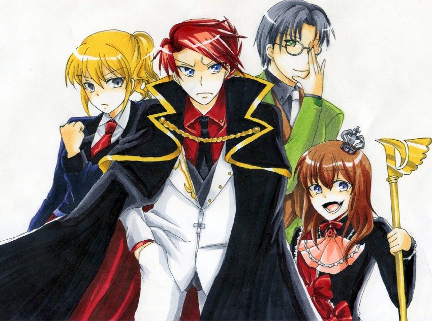 ushiromiya battler, ushiromiya maria, ushiromiya jessica, and ushiromiya george (umineko no naku koro ni) drawn by shimatamago