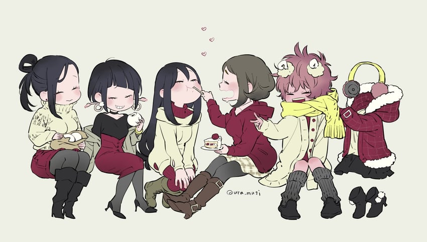uraraka ochaco, asui tsuyu, yaoyorozu momo, ashido mina, jiro kyoka, and 1 more (boku no hero academia) drawn by ura_musi
