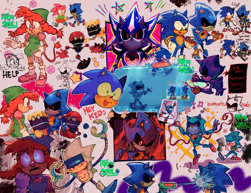 sonic the hedgehog, amy rose, metal sonic, classic amy, neo metal sonic, and 4 more (sonic and 2 more) drawn by 9474s0ul