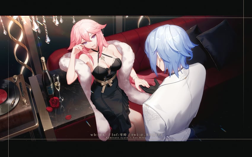 yae miko and kamisato ayato (genshin impact) drawn by rj_(lingshih10)