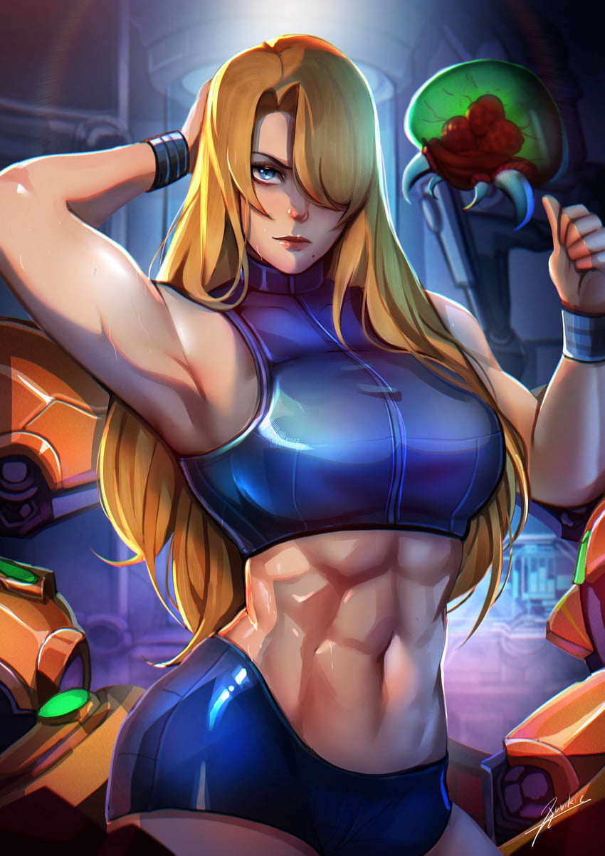samus aran, metroid, and metroid larva (metroid and 1 more) drawn by xuuikie_ashe