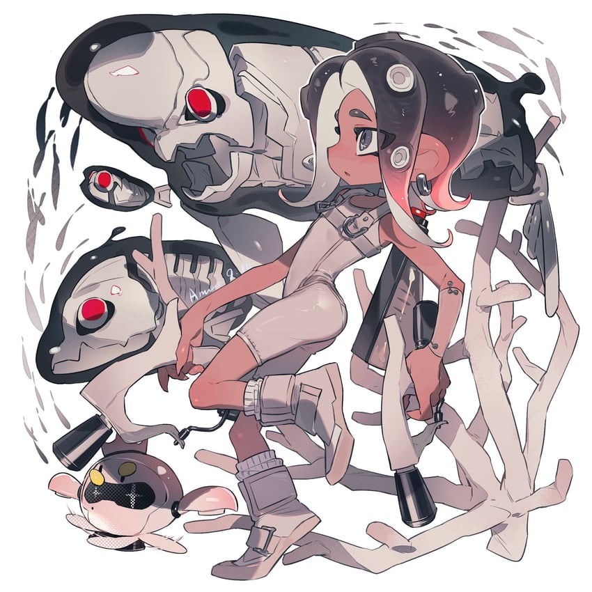 octoling player character, octoling girl, pearl, agent 8, pearl drone, and 3 more (splatoon and 2 more) drawn by amaodd221