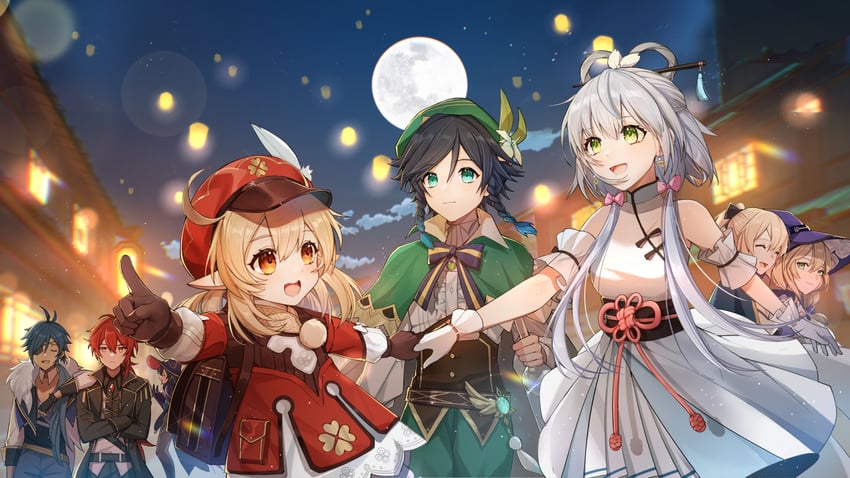 mona, venti, klee, jean, diluc, and 3 more (genshin impact and 2 more) drawn by yolanda