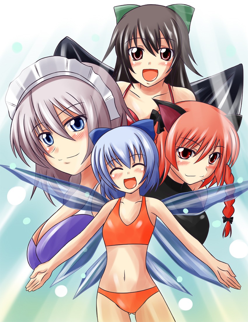 izayoi sakuya, cirno, kaenbyou rin, and reiuji utsuho (touhou) drawn by nishi_koutarou