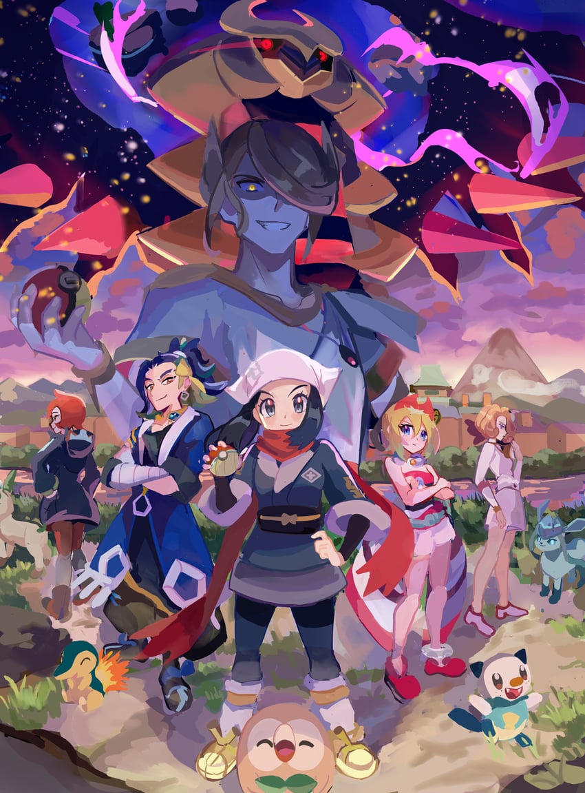 akari, rowlet, glaceon, irida, oshawott, and 7 more (pokemon and 1 more) drawn by spyg