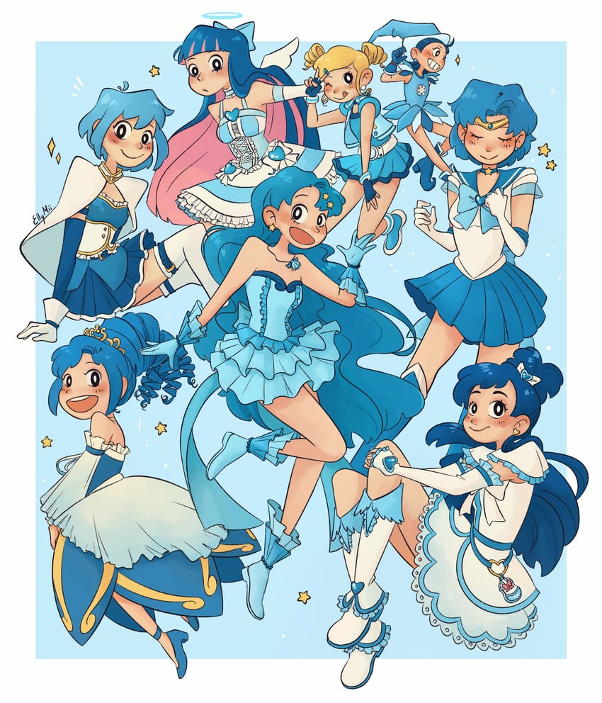 miki sayaka, stocking, mizuno ami, yukishiro honoka, sailor mercury, and 6 more (mahou shoujo madoka magica and 9 more) drawn by elly_mii