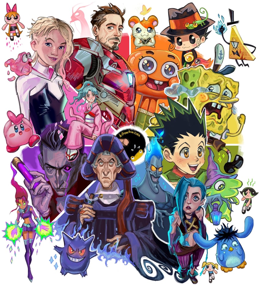 kirby, jinx, gengar, spider-gwen, gwen stacy, and 19 more (pokemon and 22 more) drawn by french-unicorn