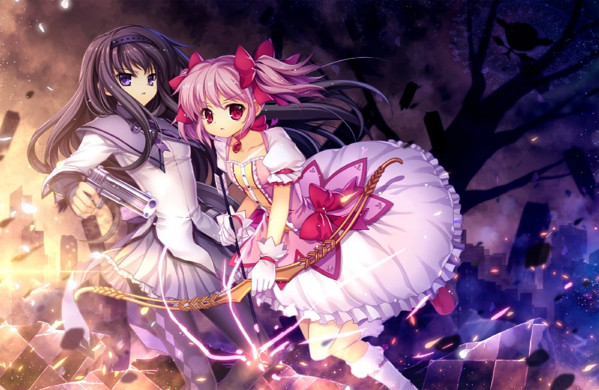 akemi homura, kaname madoka, and walpurgisnacht (mahou shoujo madoka magica) drawn by capura_lin
