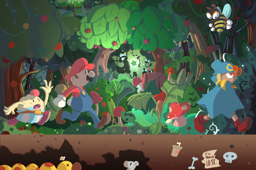 mario, geno, mallow, wiggler, and bowyer (mario and 1 more) drawn by nathalie_fourdraine