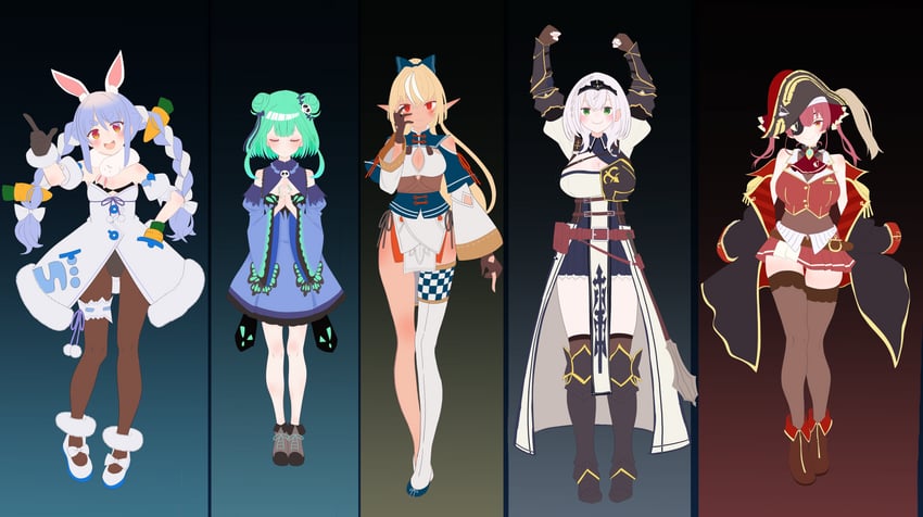 houshou marine, usada pekora, shirogane noel, uruha rushia, and shiranui flare (hololive) drawn by kuronagirai