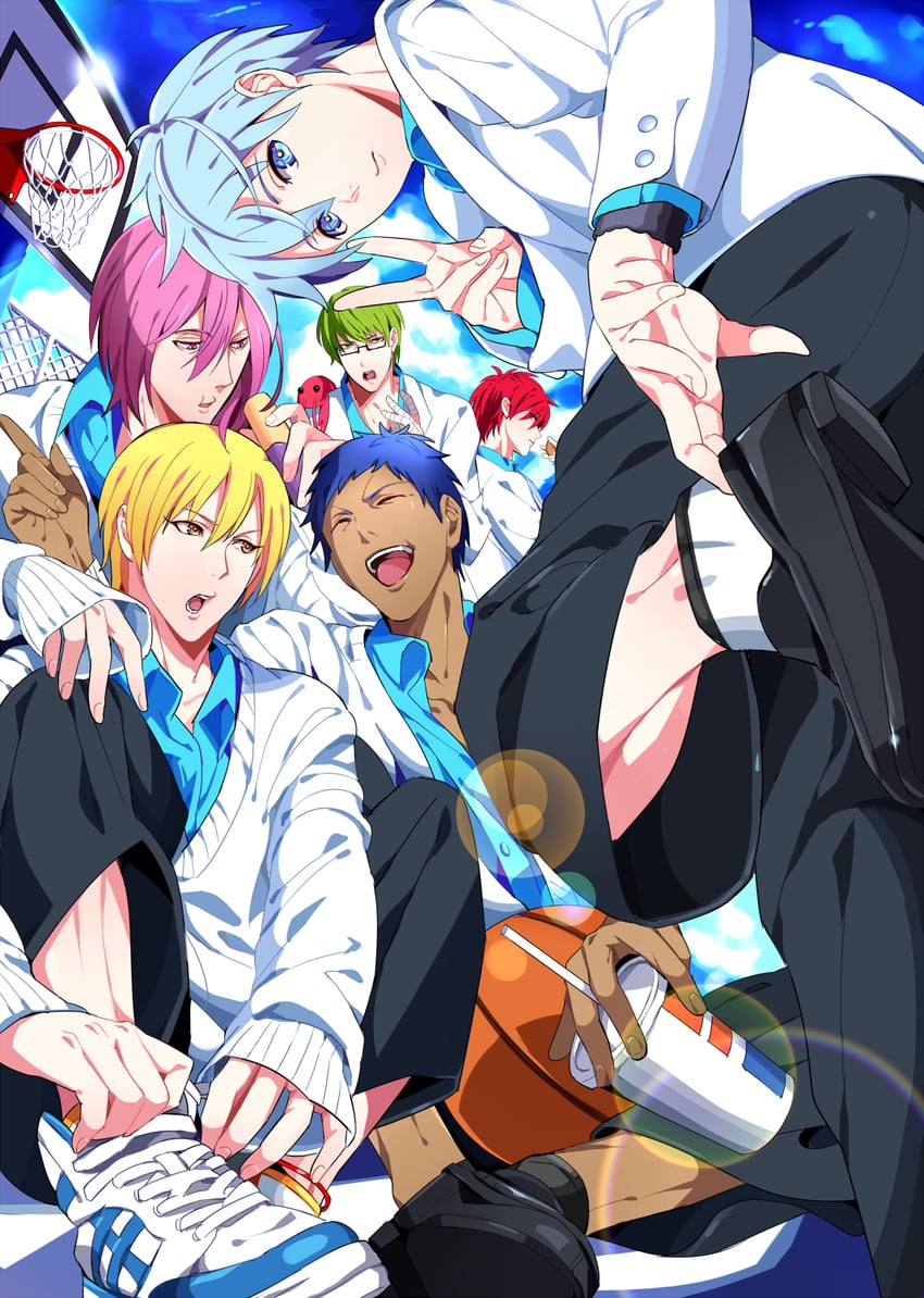 kuroko tetsuya, aomine daiki, kise ryouta, akashi seijuurou, midorima shintarou, and 1 more (kuroko no basuke) drawn by yuna_(rutera)