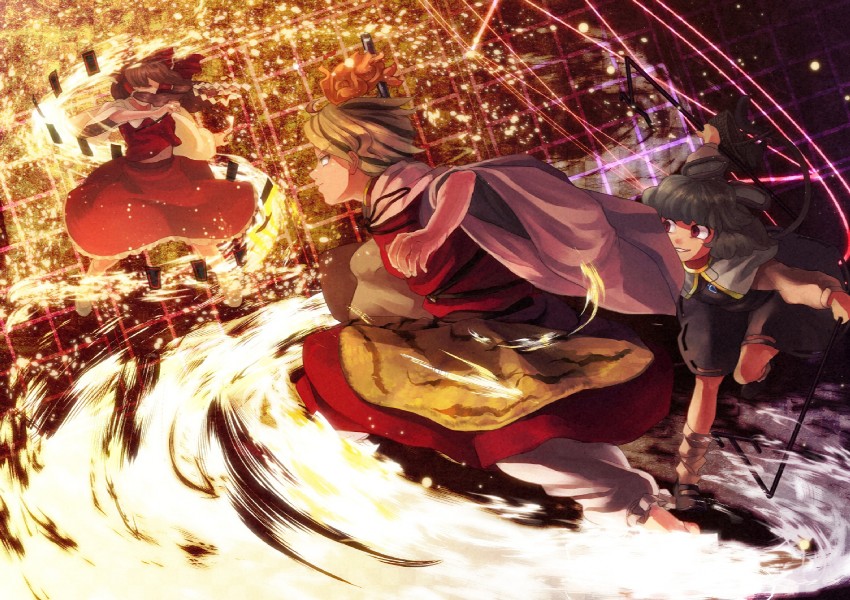 hakurei reimu, nazrin, and toramaru shou (touhou) drawn by yamaishi_(tsurukame_gassen)