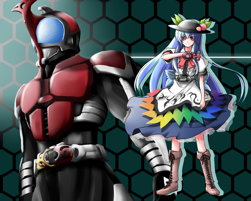 hinanawi tenshi and kamen rider kabuto (touhou and 2 more) drawn by kazami_shirou_(kaizou-zumi)