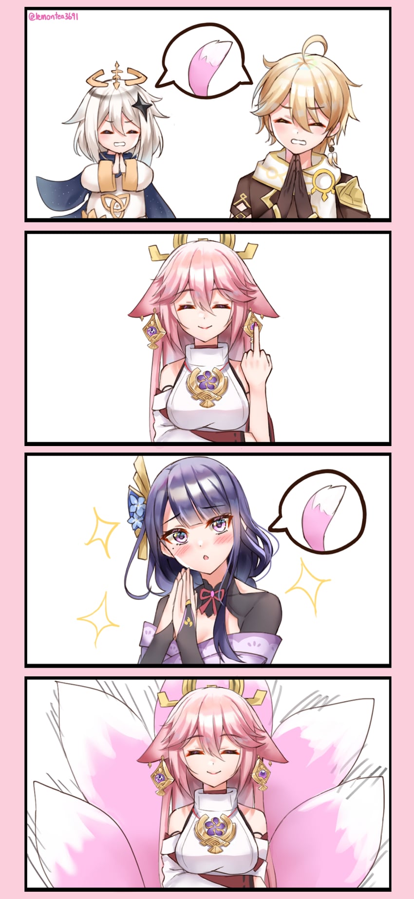 raiden shogun, aether, yae miko, and paimon (genshin impact) drawn by lemon_t