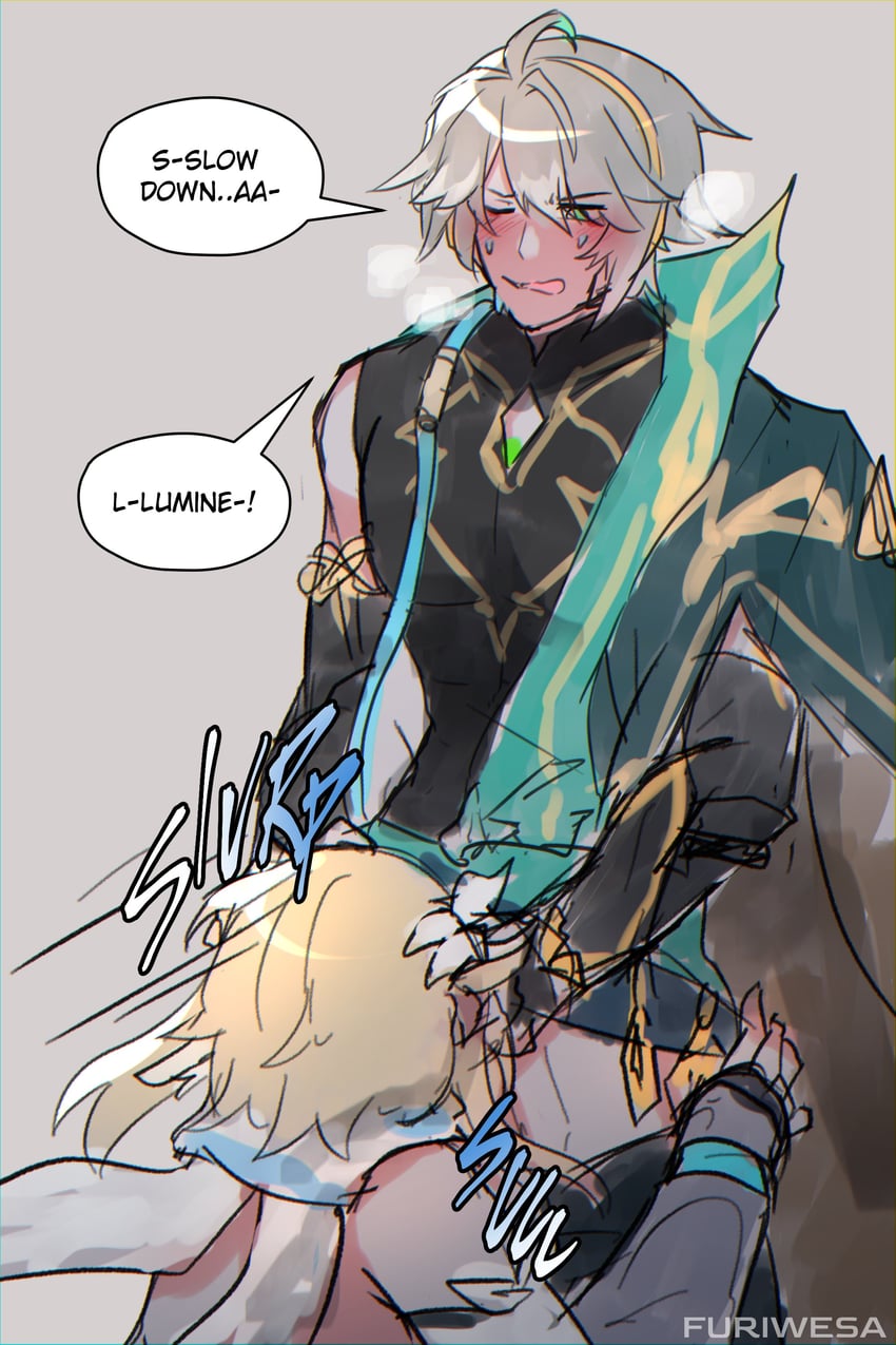 lumine and alhaitham (genshin impact) drawn by furiwesa