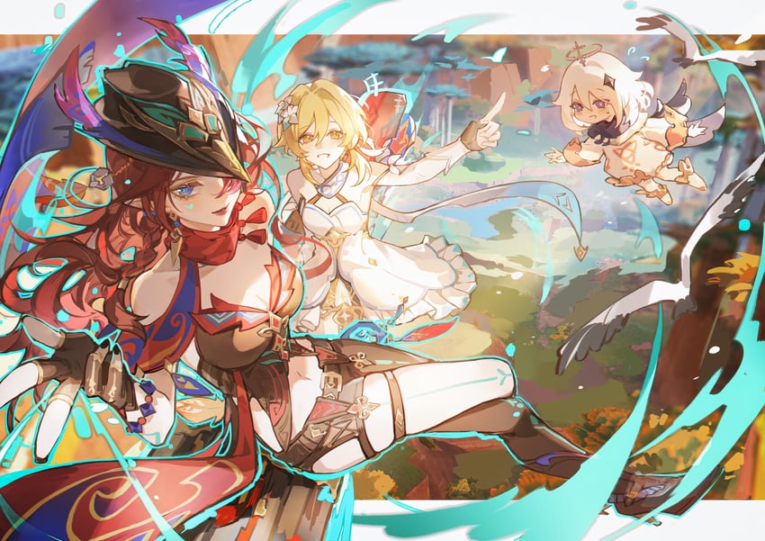 lumine, paimon, and chasca (genshin impact) drawn by iron_hailai