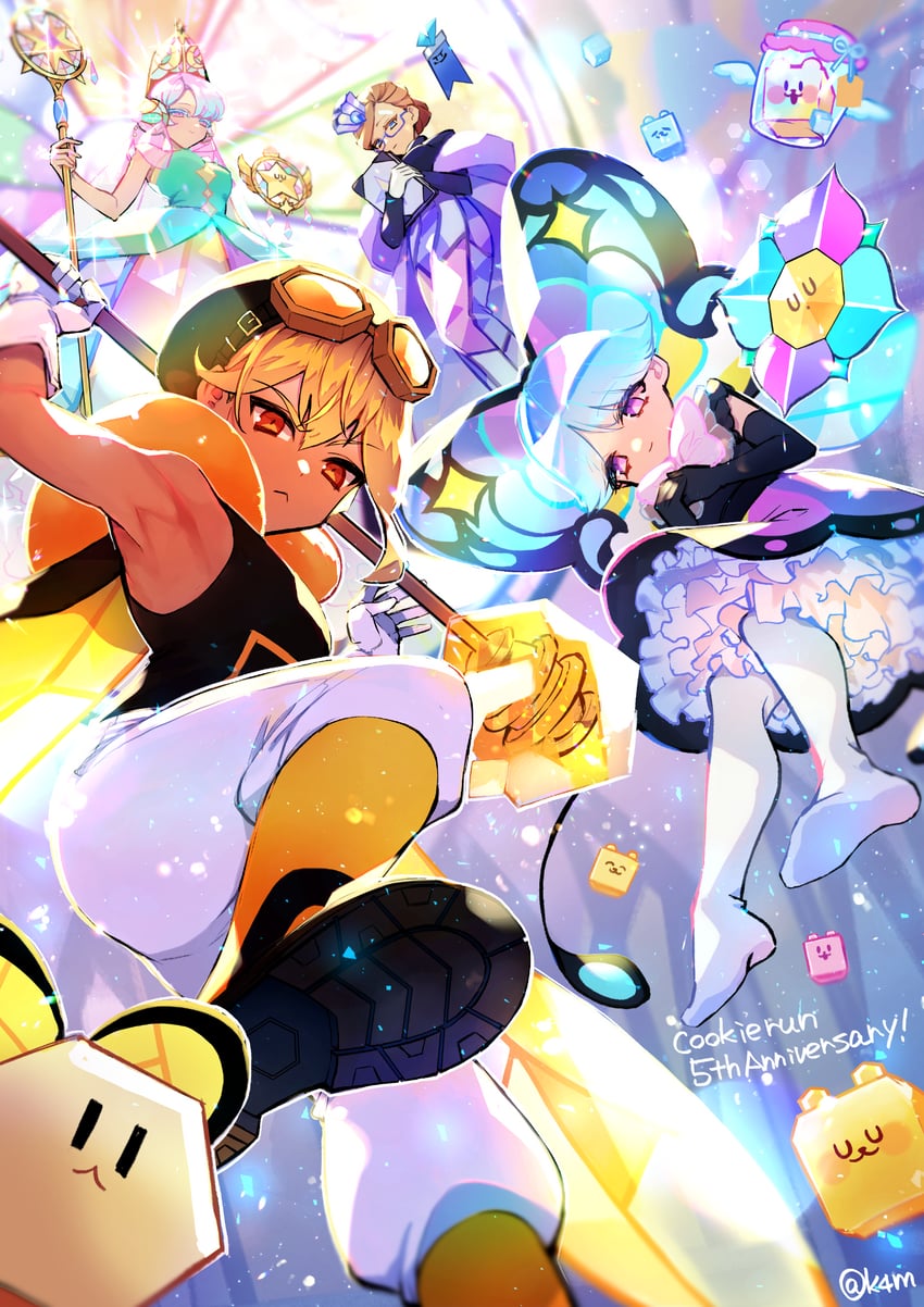 moonlight cookie, giant yellow bear jelly, blueberry pie cookie, amber sugar cookie, sugar glass cookie, and 8 more (cookie run and 1 more) drawn by k4m