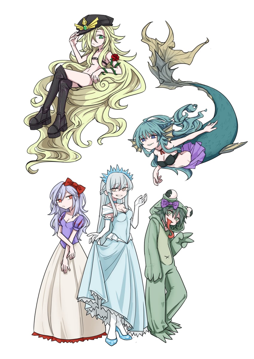 frog princess, cinderella, snow white, rapunzel, and little mermaid (black souls) drawn by rabbit_king