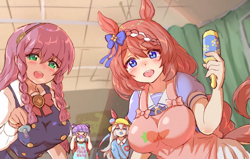 tamamo cross, super creek, puniru, kirara mami, and shiny school backpack kawaii puniru (umamusume and 3 more) drawn by ooba_jun