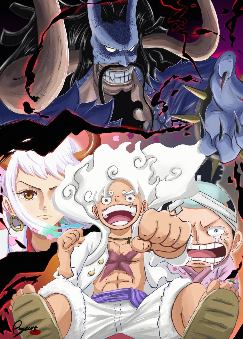 monkey d. luffy, yamato, kouzuki momonosuke, and kaidou (one piece) drawn by apple7apo