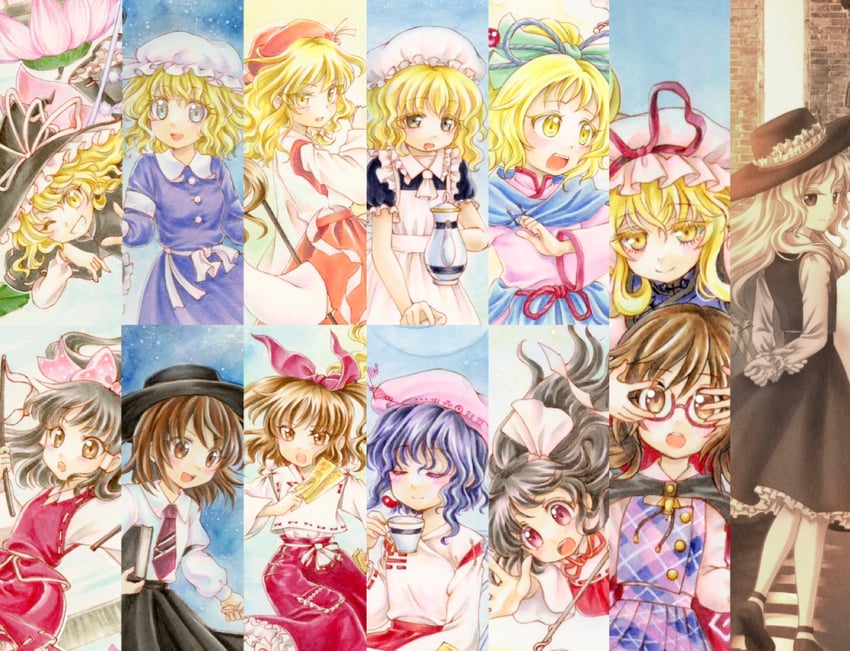 hakurei reimu, kirisame marisa, yakumo yukari, usami renko, maribel hearn, and 9 more (touhou and 2 more) drawn by io_(maryann_blue)