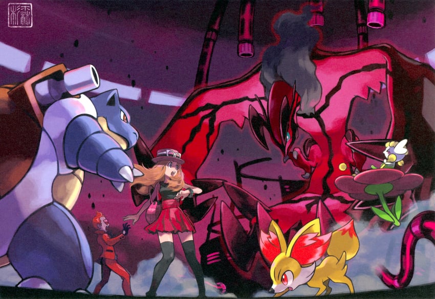 serena, fennekin, blastoise, yveltal, flabebe, and 1 more (pokemon and 1 more) drawn by sugimori_ken