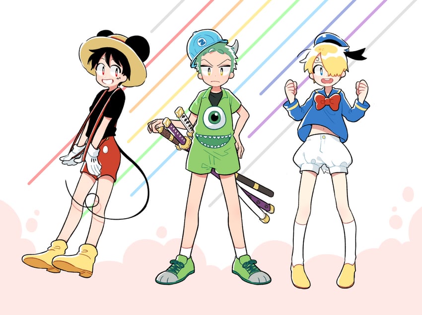 monkey d. luffy, roronoa zoro, sanji, mickey mouse, donald duck, and 1 more (one piece and 3 more) drawn by mob0322