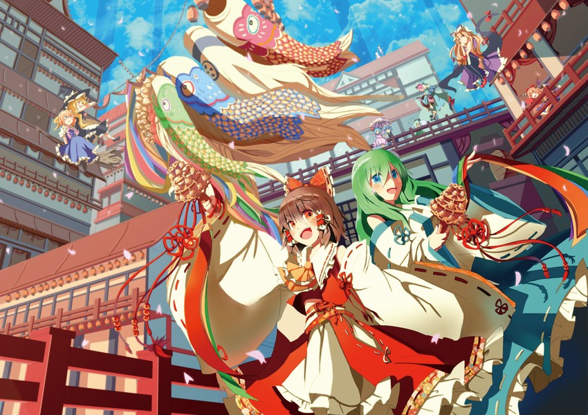 hakurei reimu, kirisame marisa, remilia scarlet, izayoi sakuya, kochiya sanae, and 8 more (touhou) drawn by yuki_ahiru