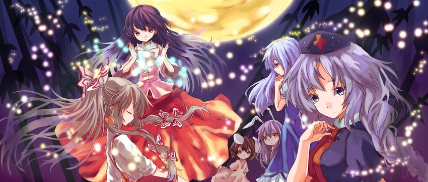 reisen udongein inaba, fujiwara no mokou, kamishirasawa keine, houraisan kaguya, inaba tewi, and 1 more (touhou) drawn by miya_(tsumazukanai)