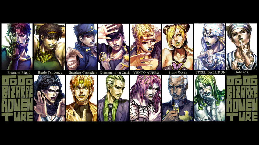 joseph joestar, kujo jotaro, dio brando, kujo jolyne, giorno giovanna, and 8 more (jojo no kimyou na bouken and 8 more) drawn by irohara_mitabi