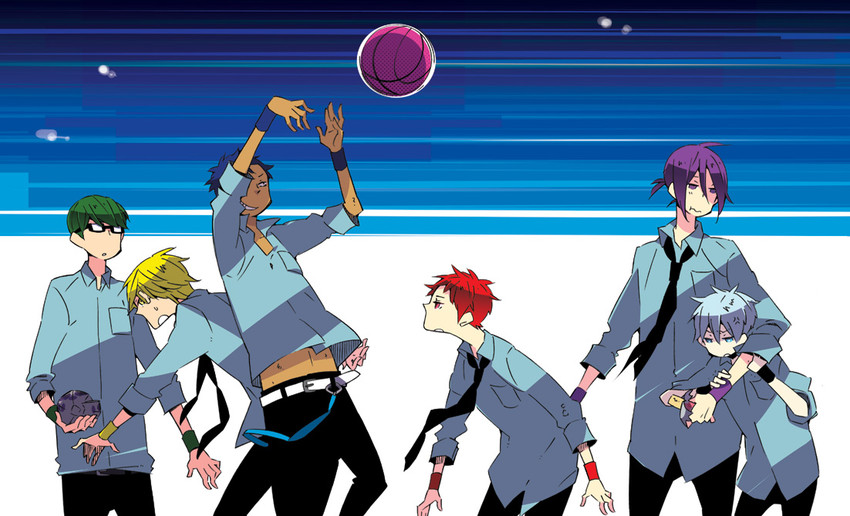 kuroko tetsuya, aomine daiki, kise ryouta, akashi seijuurou, midorima shintarou, and 1 more (kuroko no basuke) drawn by murasaki_(ma-nagarmr)