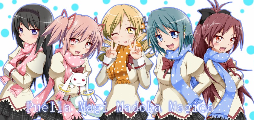 akemi homura, kaname madoka, miki sayaka, sakura kyoko, tomoe mami, and 1 more (mahou shoujo madoka magica) drawn by yopparai_oni