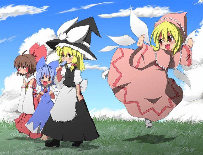 hakurei reimu, kirisame marisa, cirno, and lily white (touhou) drawn by noa_(nagareboshi)