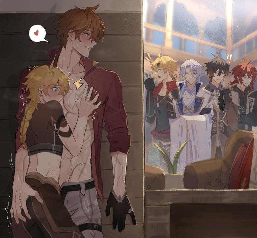 aether, zhongli, tartaglia, diluc, kamisato ayato, and 1 more (genshin impact) drawn by haze_(ha_ze)