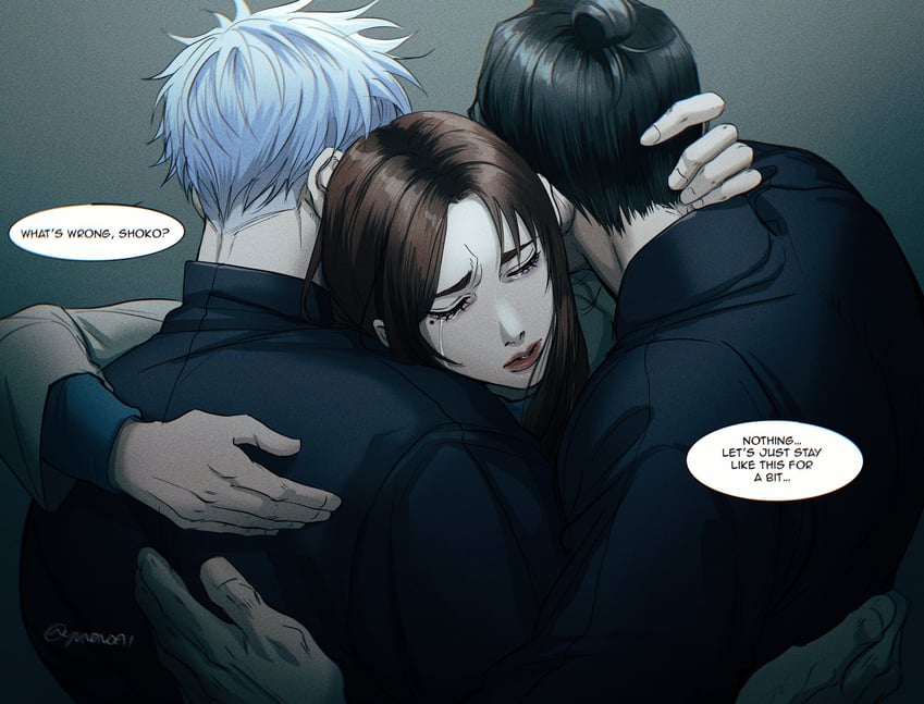 gojou satoru, getou suguru, and ieiri shoko (jujutsu kaisen) drawn by yuana