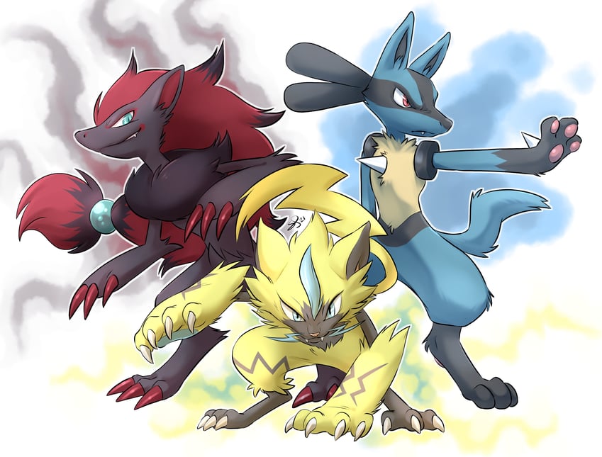 lucario, zoroark, and zeraora (pokemon) drawn by sarajobasan