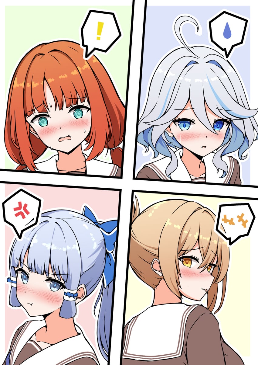 furina, kamisato ayaka, nilou, and yoimiya (genshin impact) drawn by juuji_(spiral-koma)