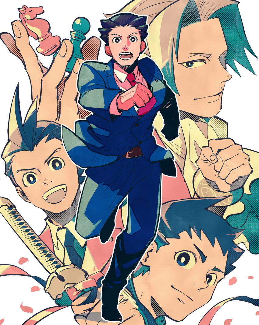 phoenix wright, miles edgeworth, apollo justice, and ryunosuke naruhodo (ace attorney and 1 more) drawn by shino_(shino_dgs)