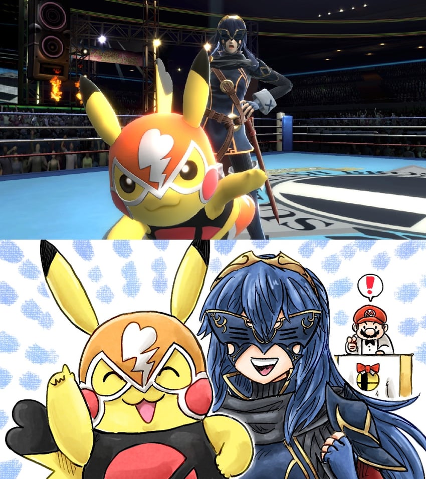 pikachu, mario, lucina, cosplay pikachu, and pikachu libre (pokemon and 5 more) drawn by kicdon