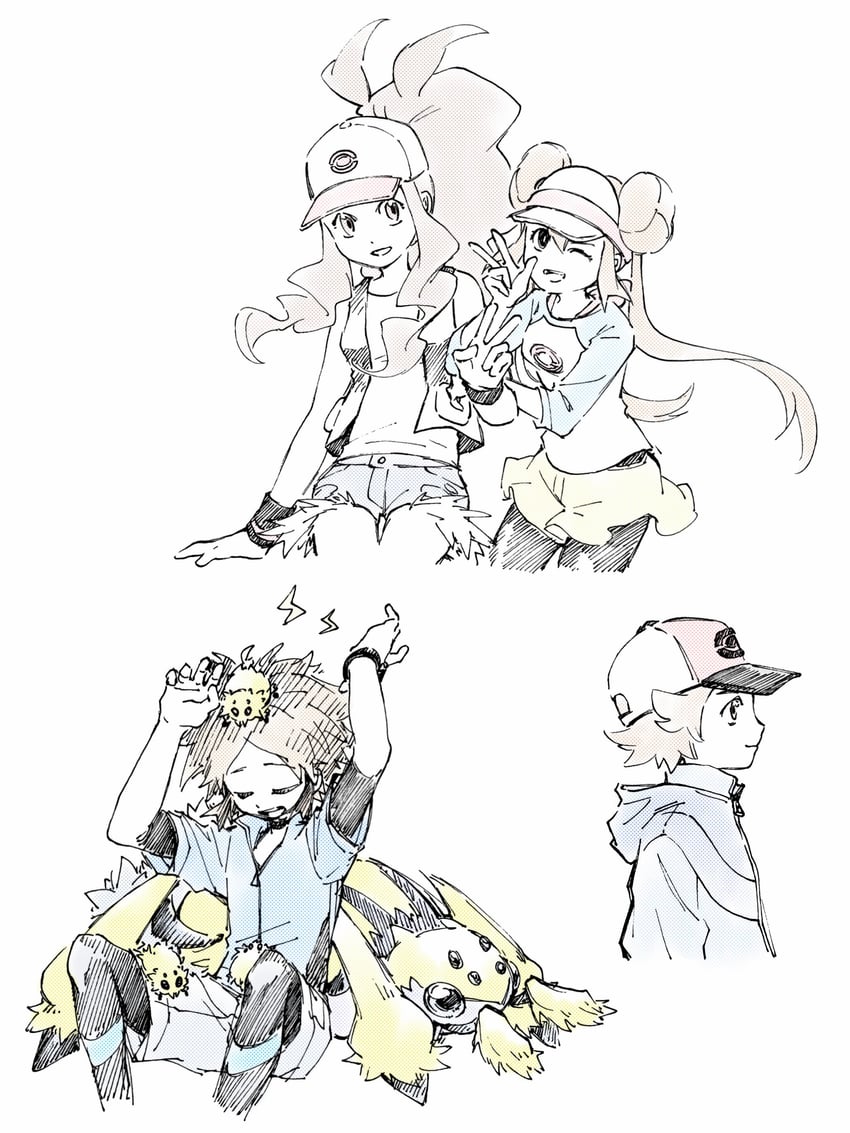 rosa, hilda, hilbert, nate, joltik, and 1 more (pokemon and 2 more) drawn by tan_carbonnn