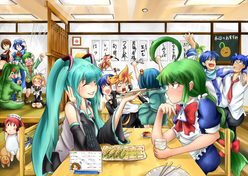 hatsune miku, kagamine rin, kagamine len, kaito, meiko, and 10 more (vocaloid and 2 more) drawn by ponchi_(diesse)