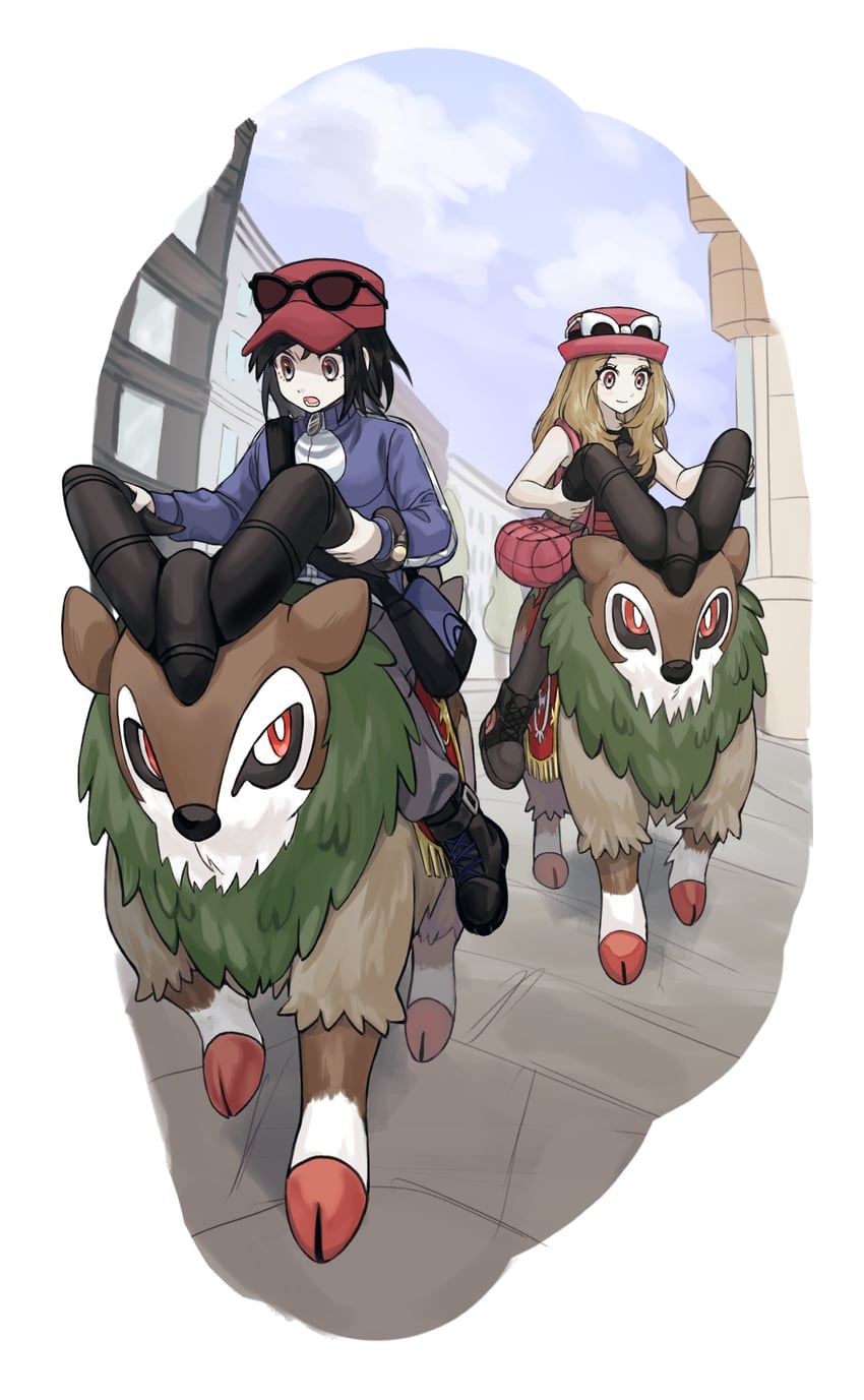 serena, calem, and gogoat (pokemon and 1 more) drawn by sangrja_223