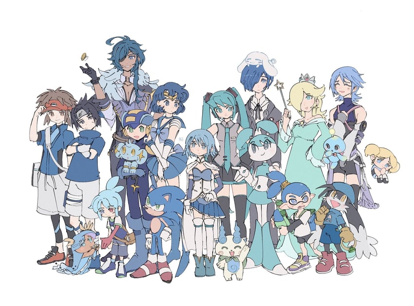 hatsune miku, miki sayaka, inkling player character, sonic the hedgehog, yuuki makoto, and 18 more (pokemon and 25 more) drawn by kukakooo