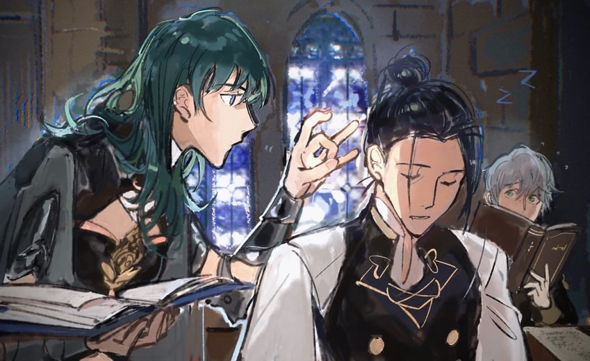 female byleth, felix hugo fraldarius, and ashe ubert (fire emblem and 1 more) drawn by ribelle0804
