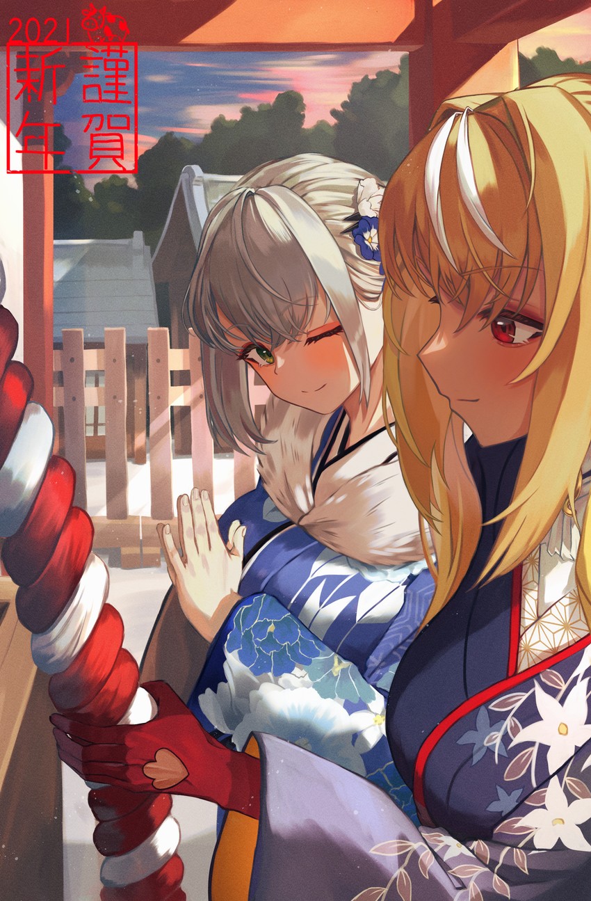 shirogane noel and shiranui flare (hololive) drawn by roco_(rocoroco1115)