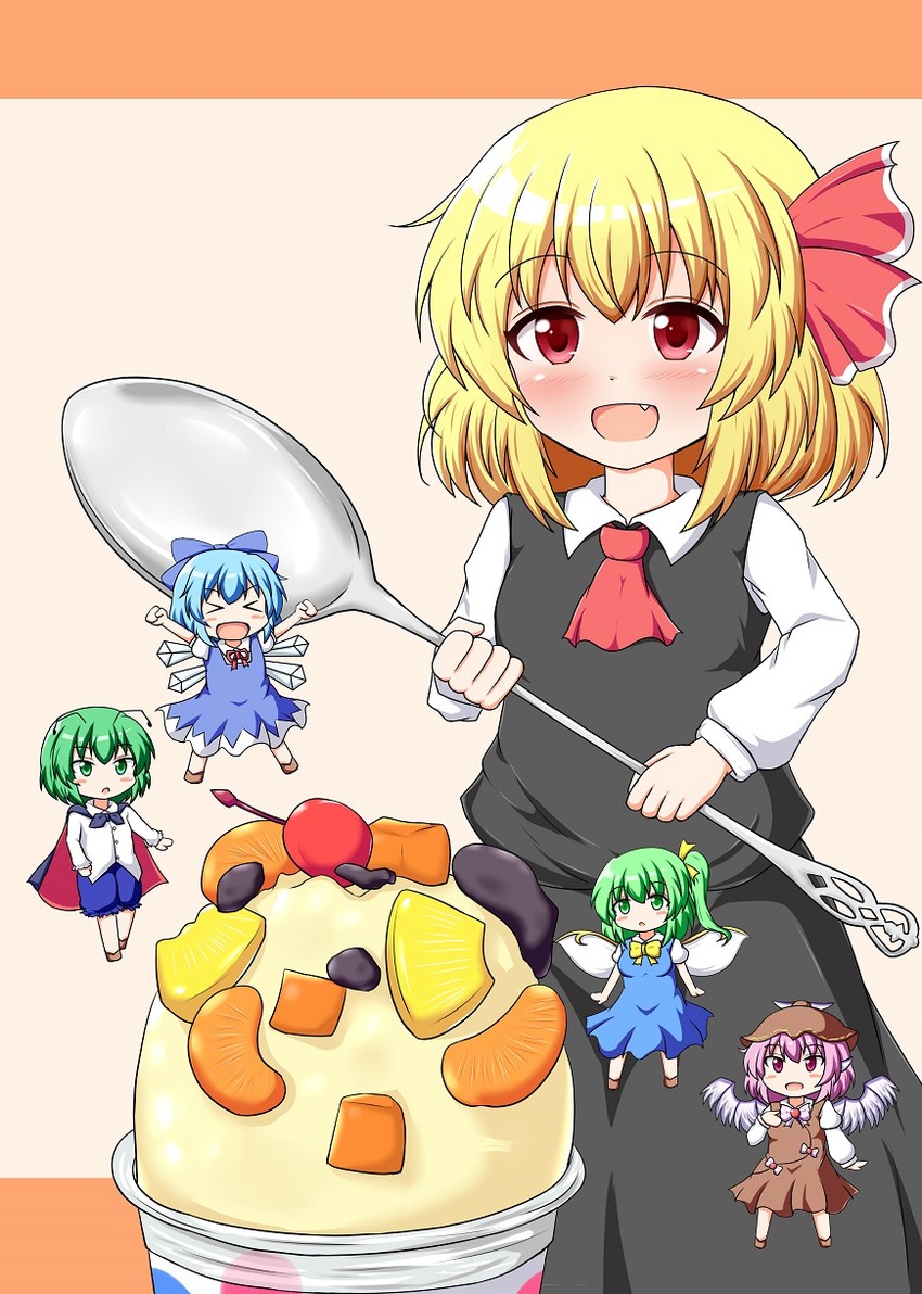 cirno, rumia, mystia lorelei, daiyousei, and wriggle nightbug (touhou) drawn by yakumo_nanahara