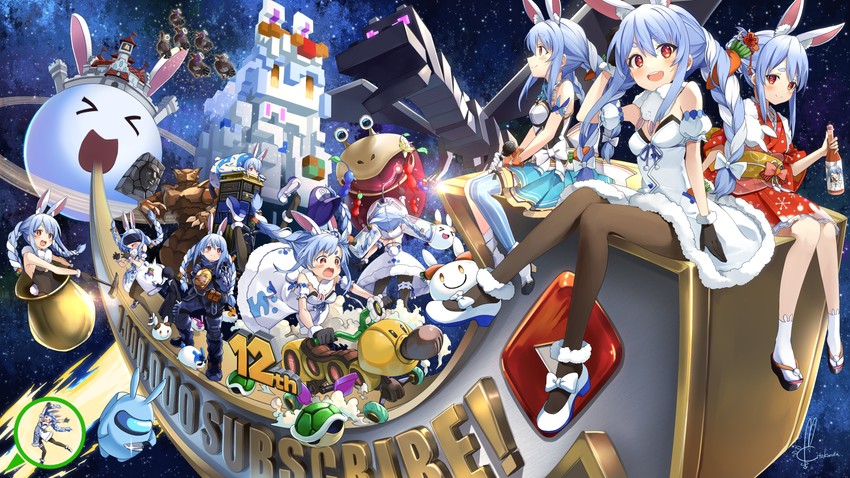 usada pekora, don-chan, red pikmin, crewmate, pekomon, and 7 more (hololive and 11 more) drawn by kito_koruta