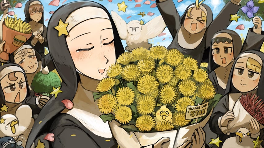 clumsy nun, froggy nun, spicy nun, square nun, laidback nun, and 1 more (little nuns) drawn by diva_(hyxpk)