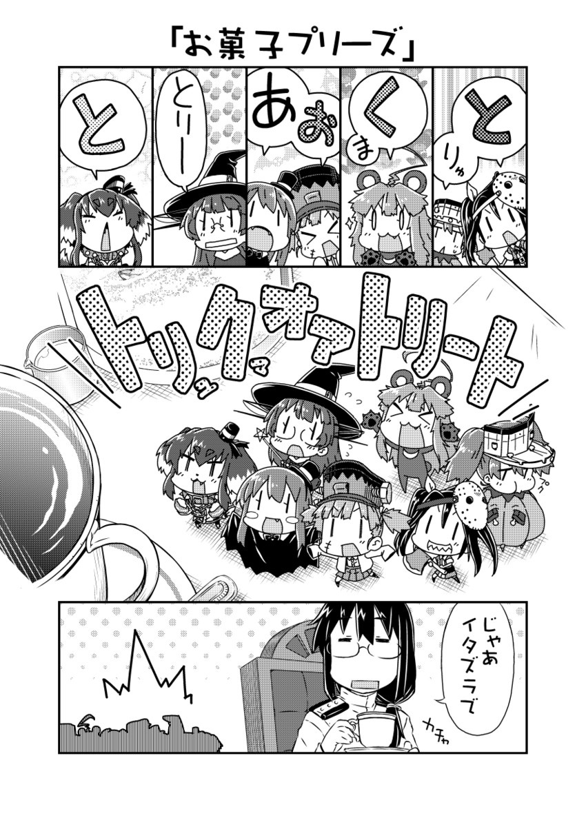 ryuujou, asashio, female admiral, kuma, tokitsukaze, and 3 more (kantai collection) drawn by moroyan