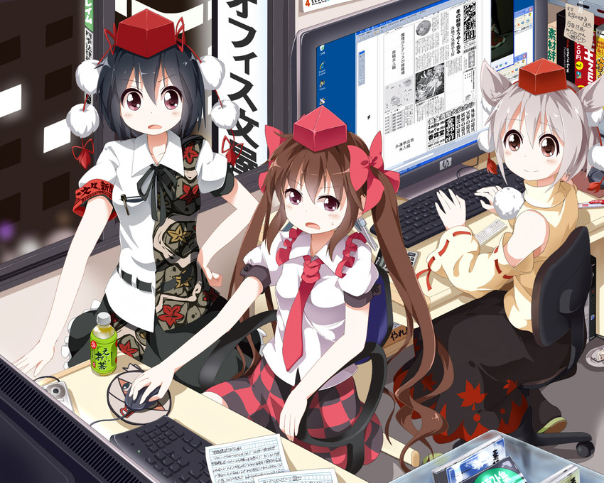 shameimaru aya, inubashiri momiji, and himekaidou hatate (touhou) drawn by ruu_(tksymkw)